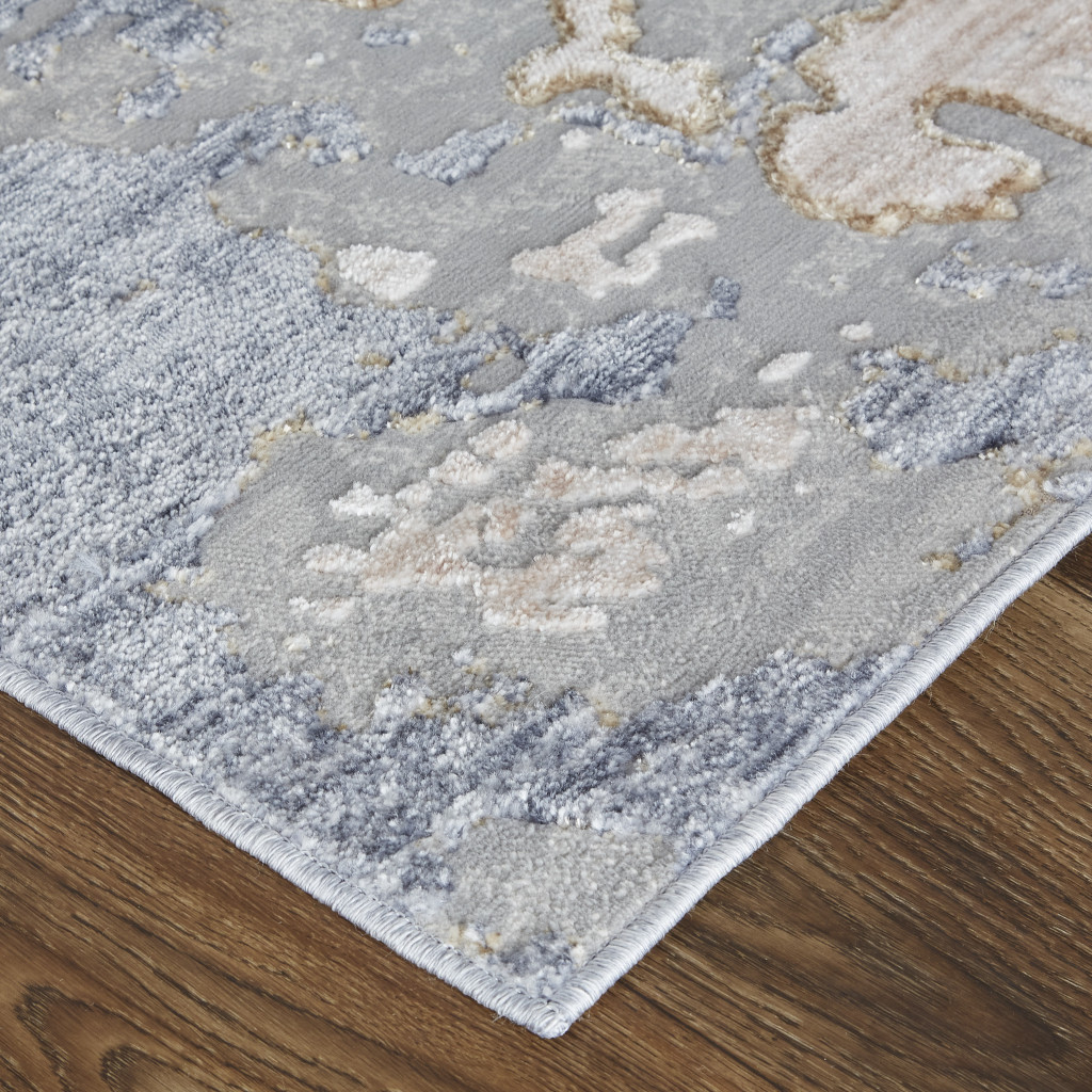 3" X 5" Tan and Blue Abstract Power Loom Worn Faded Area Rug