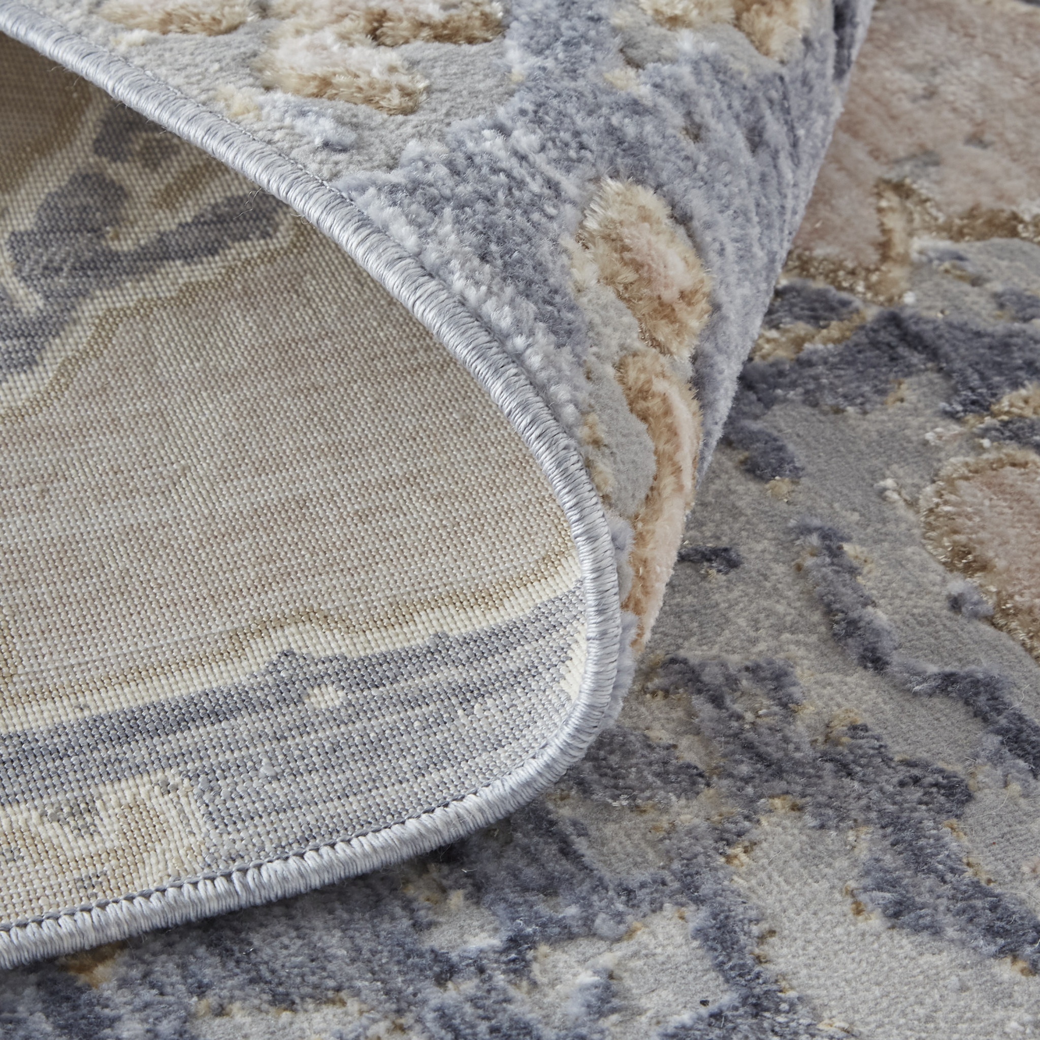 3" X 5" Tan and Blue Abstract Power Loom Worn Faded Area Rug