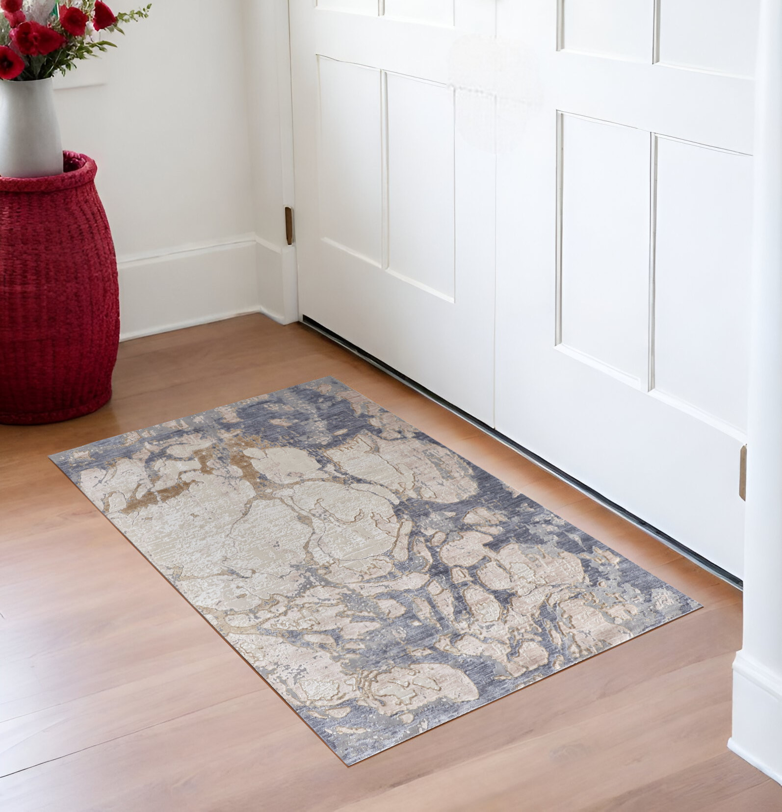 3" X 5" Tan and Blue Abstract Power Loom Worn Faded Area Rug