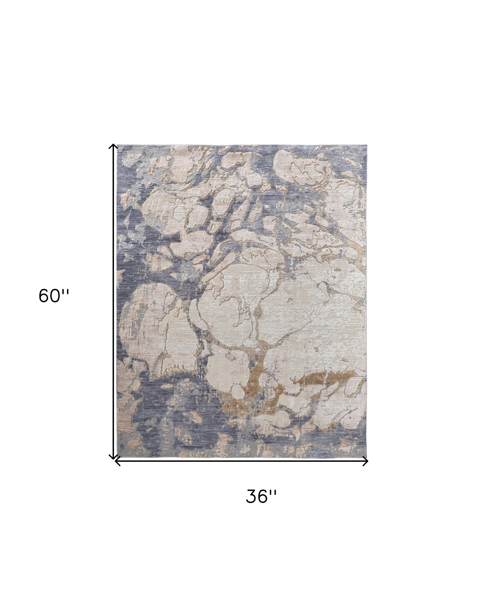 3" X 5" Tan and Blue Abstract Power Loom Worn Faded Area Rug