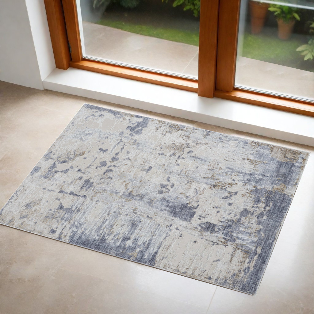 3" X 5" Gray and Blue Abstract Power Loom Worn Faded Area Rug
