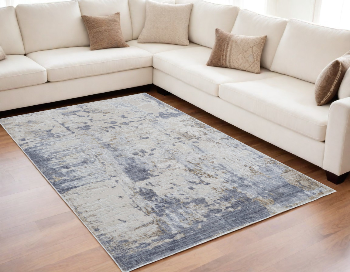 5" X 8" Ivory Gray and Blue Abstract Power Loom Worn Faded Area Rug