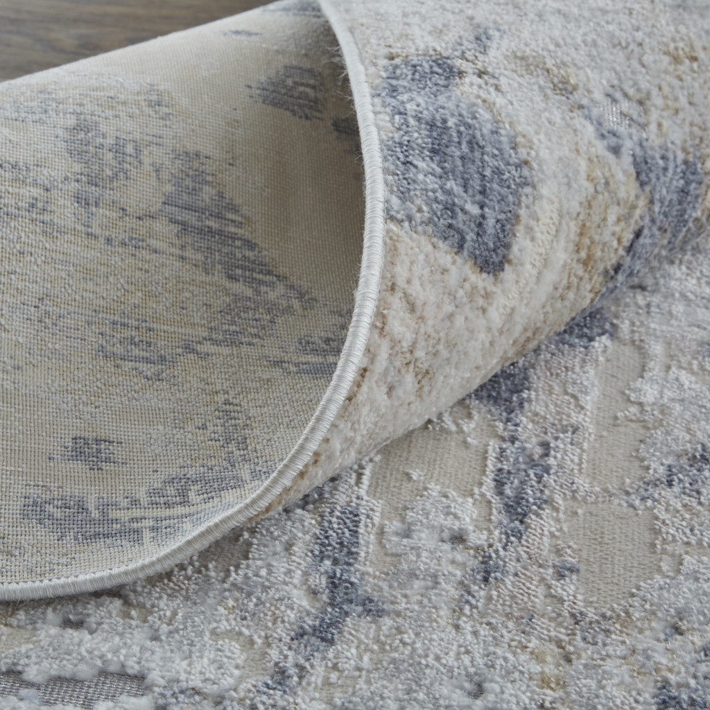 8" X 10" Ivory Gray and Blue Abstract Power Loom Worn Faded Area Rug