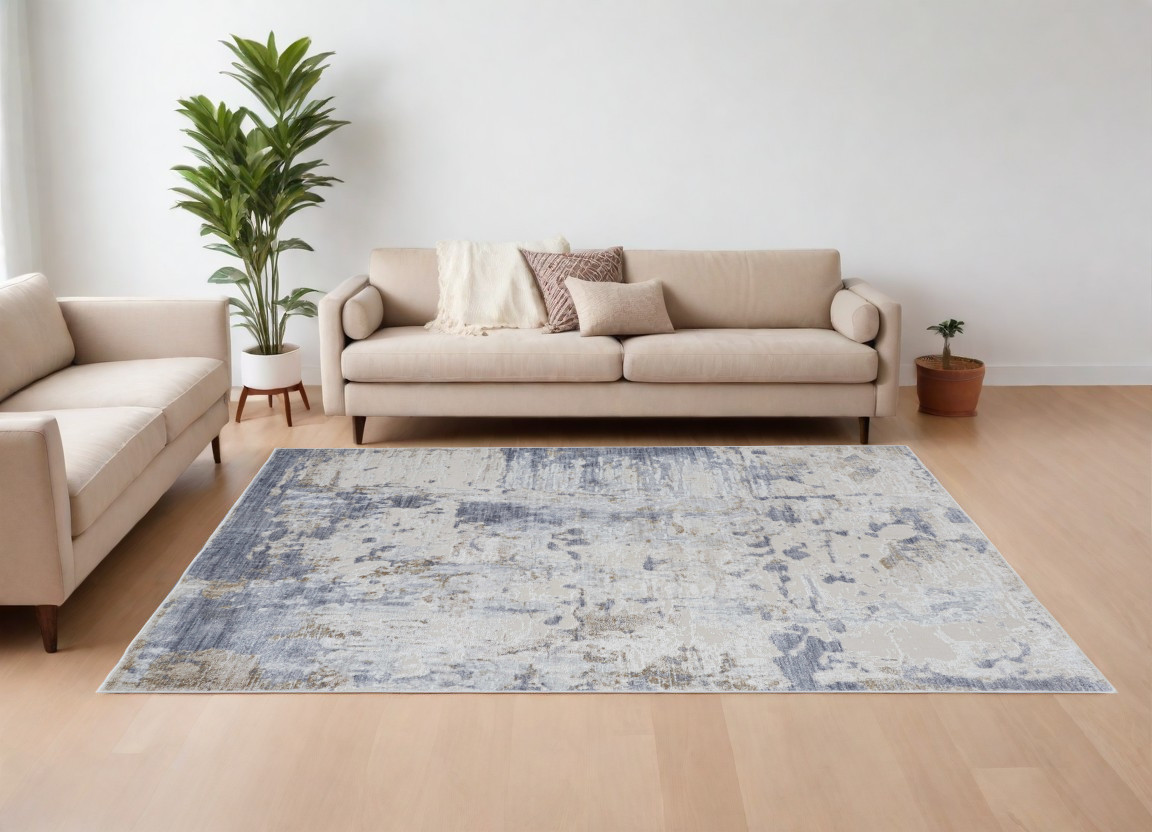 8" X 10" Ivory Gray and Blue Abstract Power Loom Worn Faded Area Rug