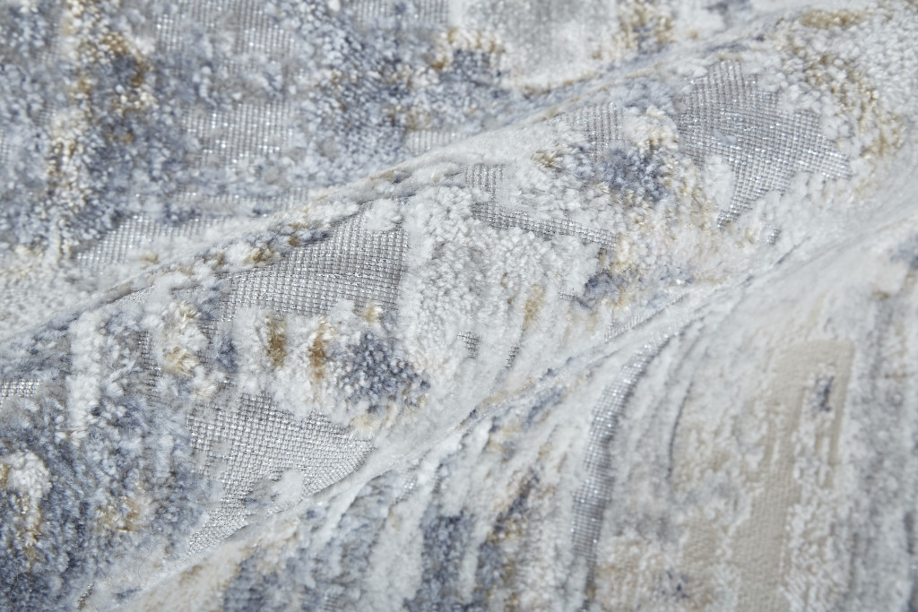 10" Ivory Gray and Blue Abstract Power Loom Worn Faded Runner Rug