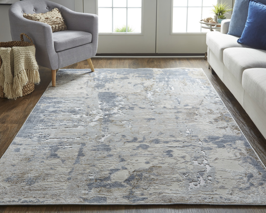10" Ivory Gray and Blue Abstract Power Loom Worn Faded Runner Rug