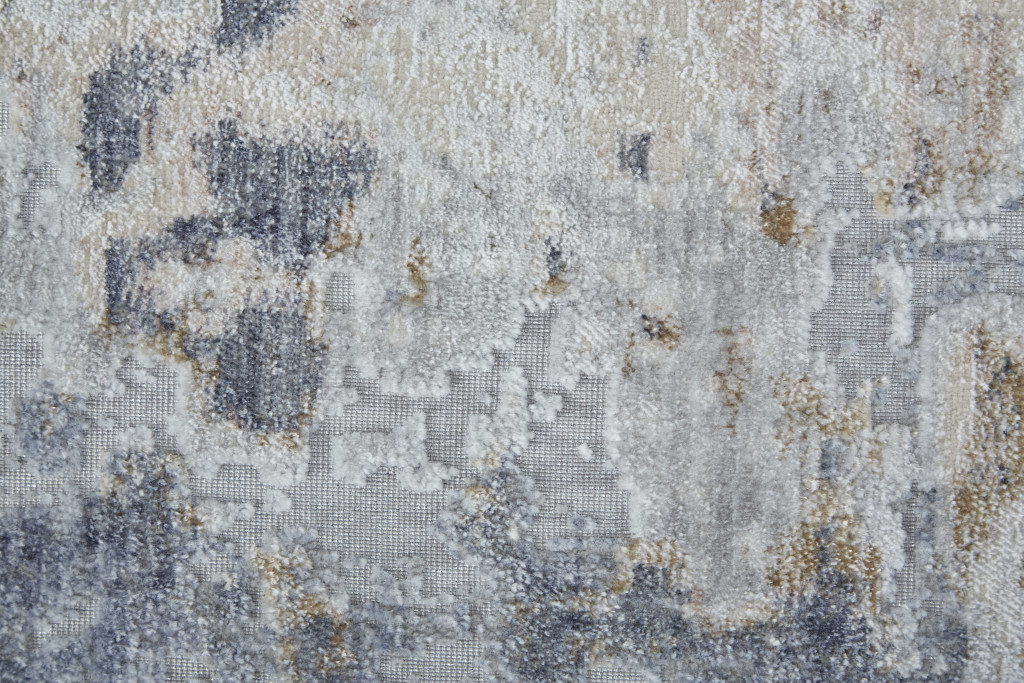 10" Ivory Gray and Blue Abstract Power Loom Worn Faded Runner Rug