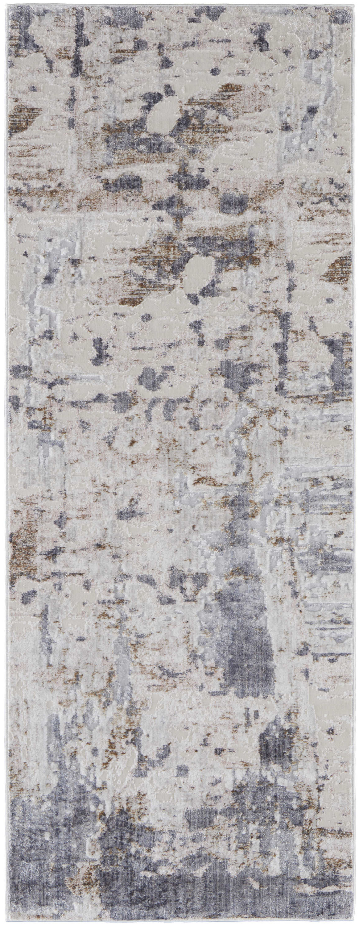 10" Ivory Gray and Blue Abstract Power Loom Worn Faded Runner Rug