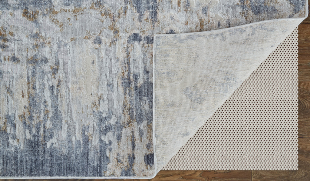 8" Ivory Gray and Blue Abstract Power Loom Worn Faded Runner Rug