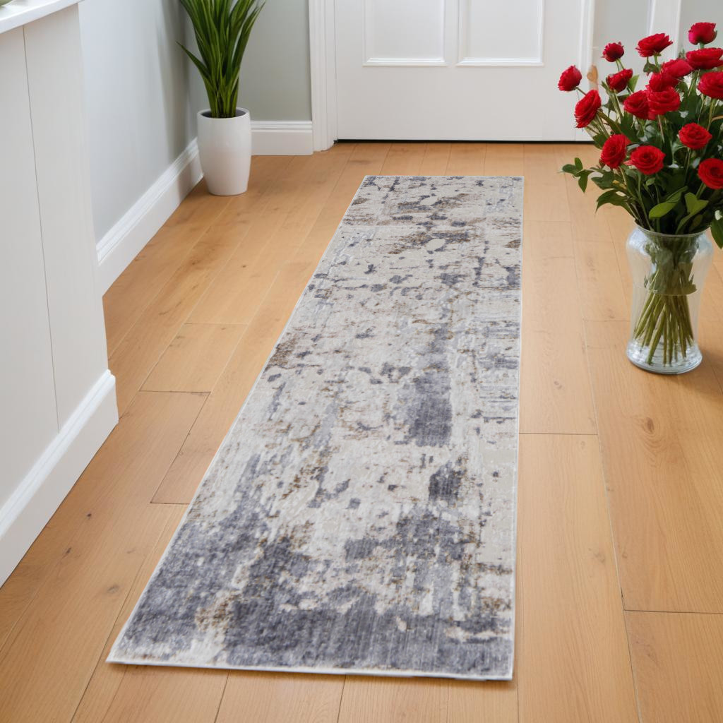 8" Ivory Gray and Blue Abstract Power Loom Worn Faded Runner Rug