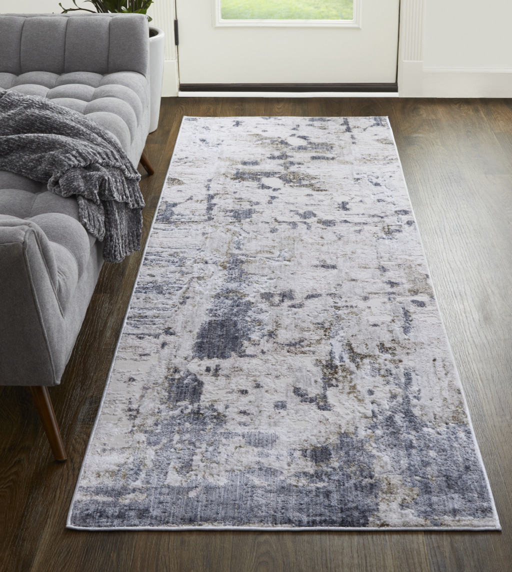 8" Ivory Gray and Blue Abstract Power Loom Worn Faded Runner Rug