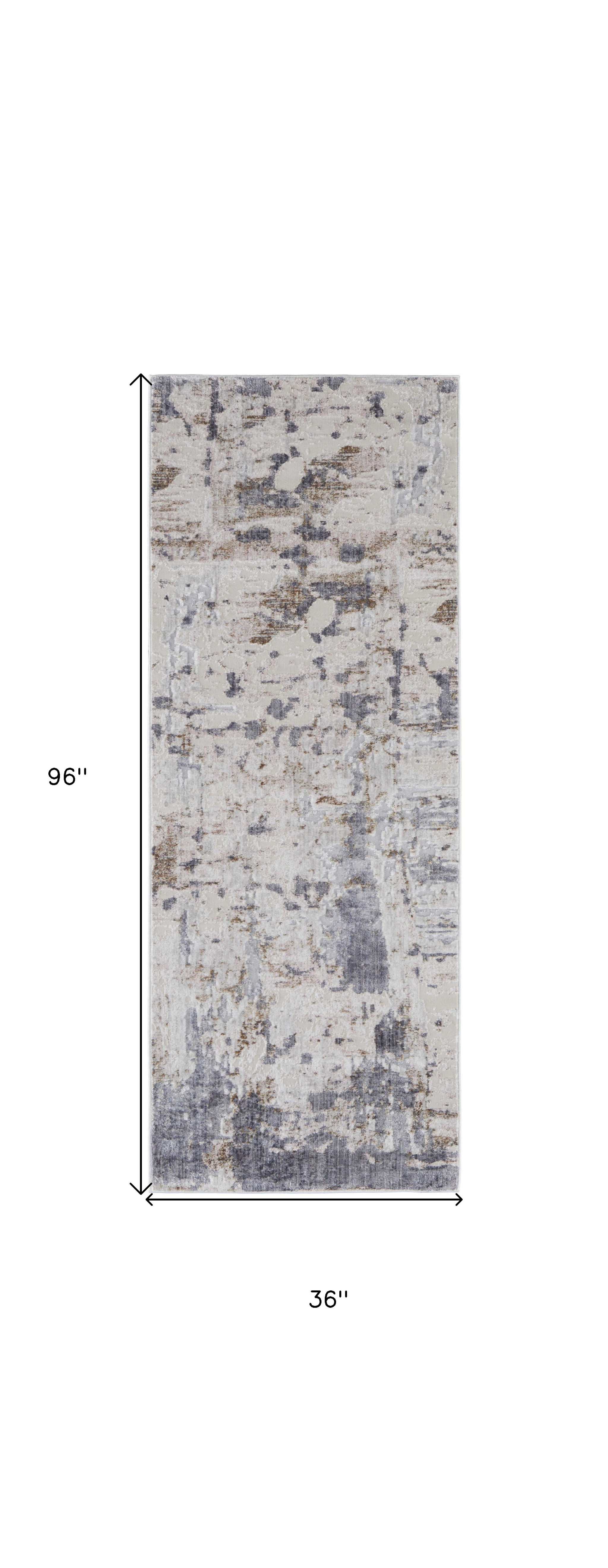 8" Ivory Gray and Blue Abstract Power Loom Worn Faded Runner Rug
