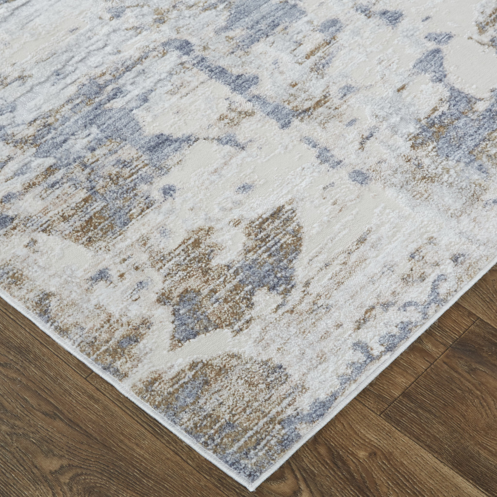 12" Ivory Gray and Blue Abstract Power Loom Worn Faded Runner Rug