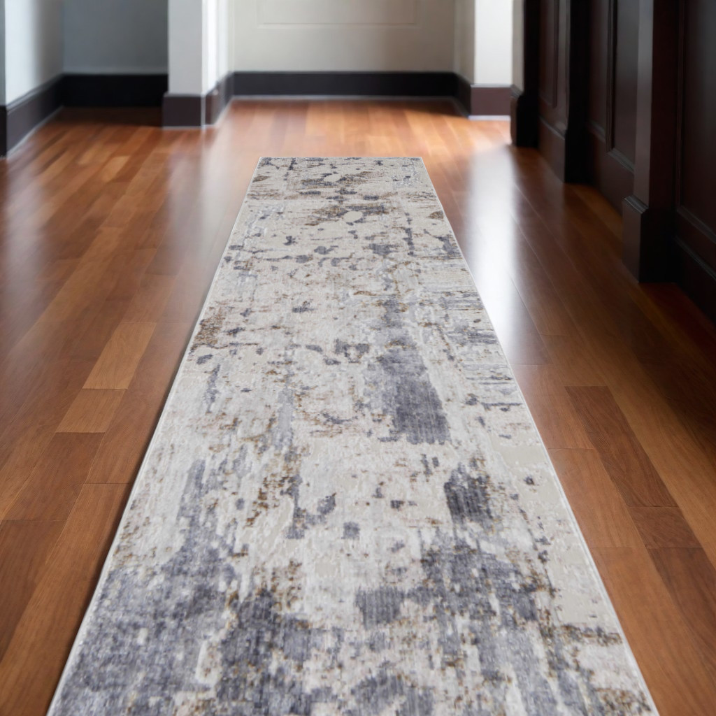 12" Ivory Gray and Blue Abstract Power Loom Worn Faded Runner Rug