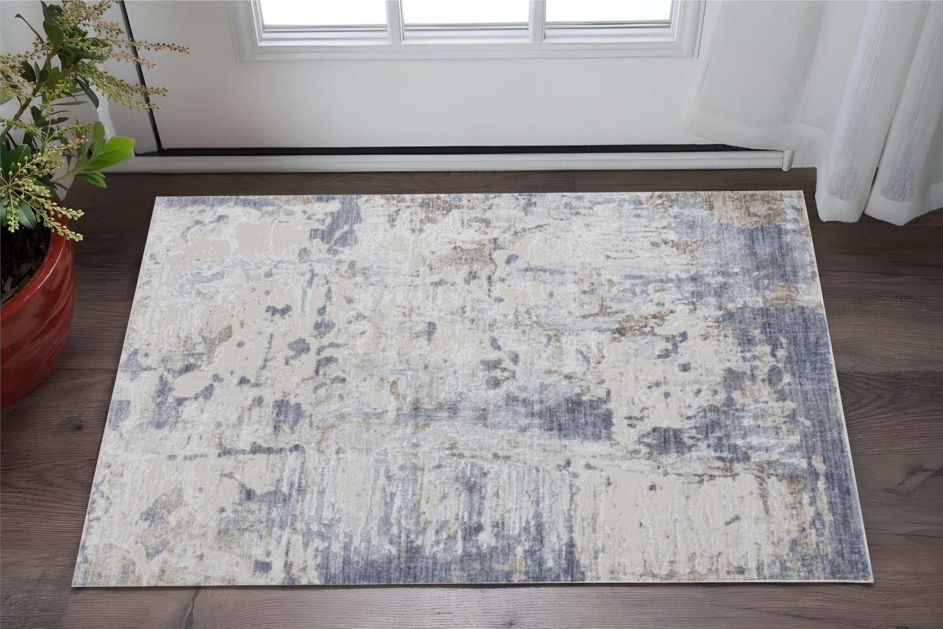 2" X 3" Ivory Gray and Blue Abstract Power Loom Worn Faded Area Rug