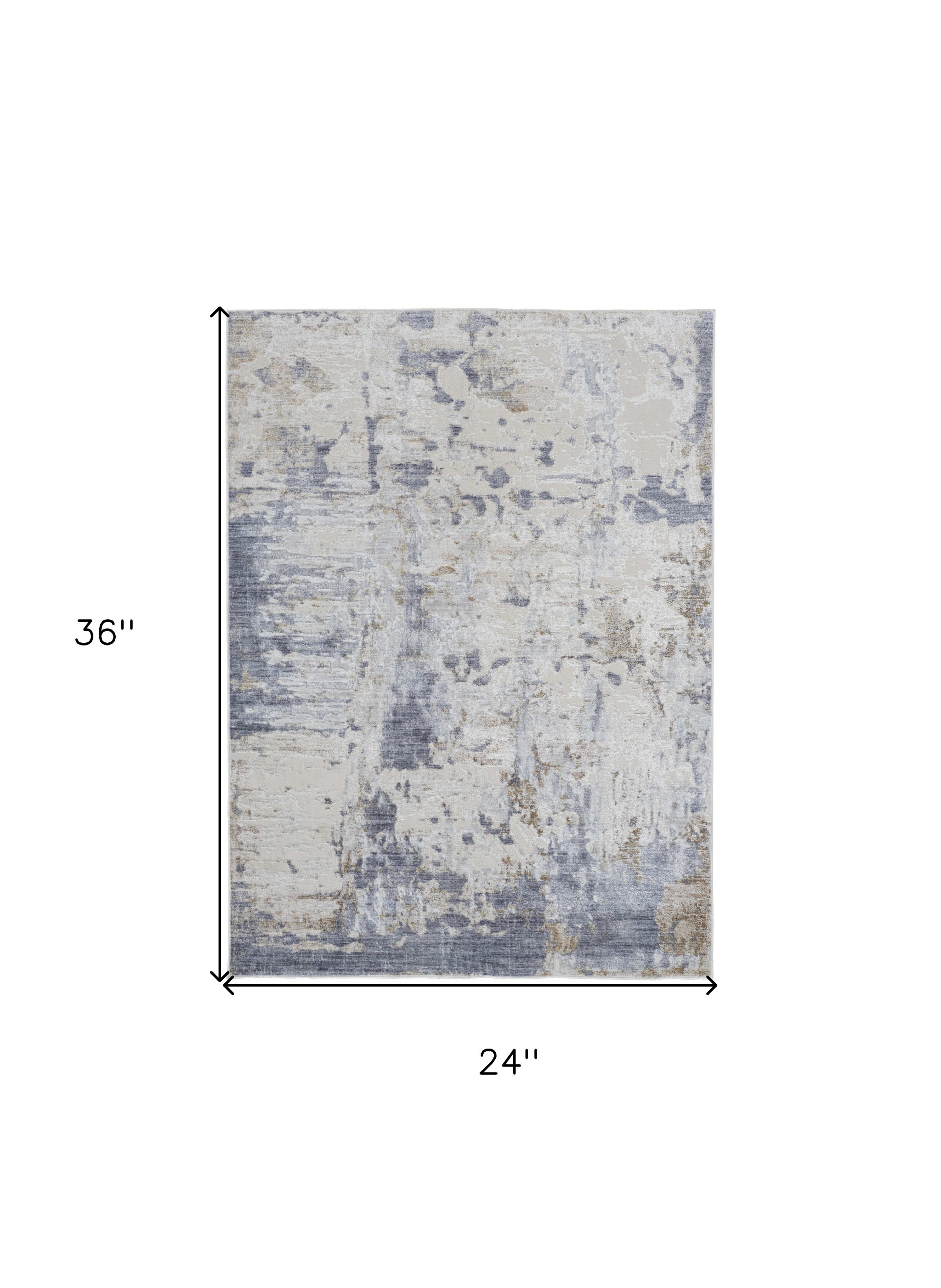 2" X 3" Ivory Gray and Blue Abstract Power Loom Worn Faded Area Rug