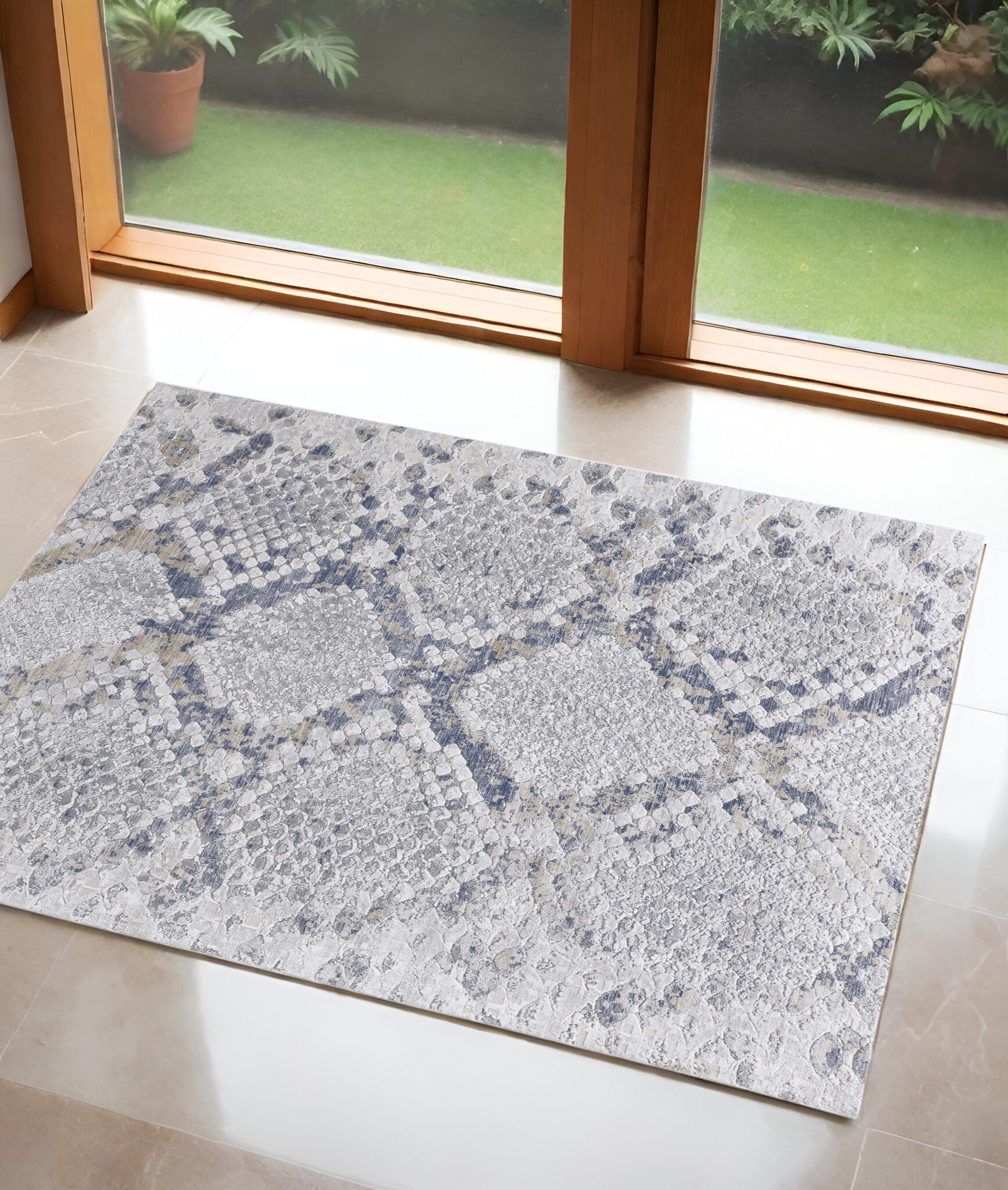 3" X 5" Gray Silver and Blue Floral Power Loom Area Rug