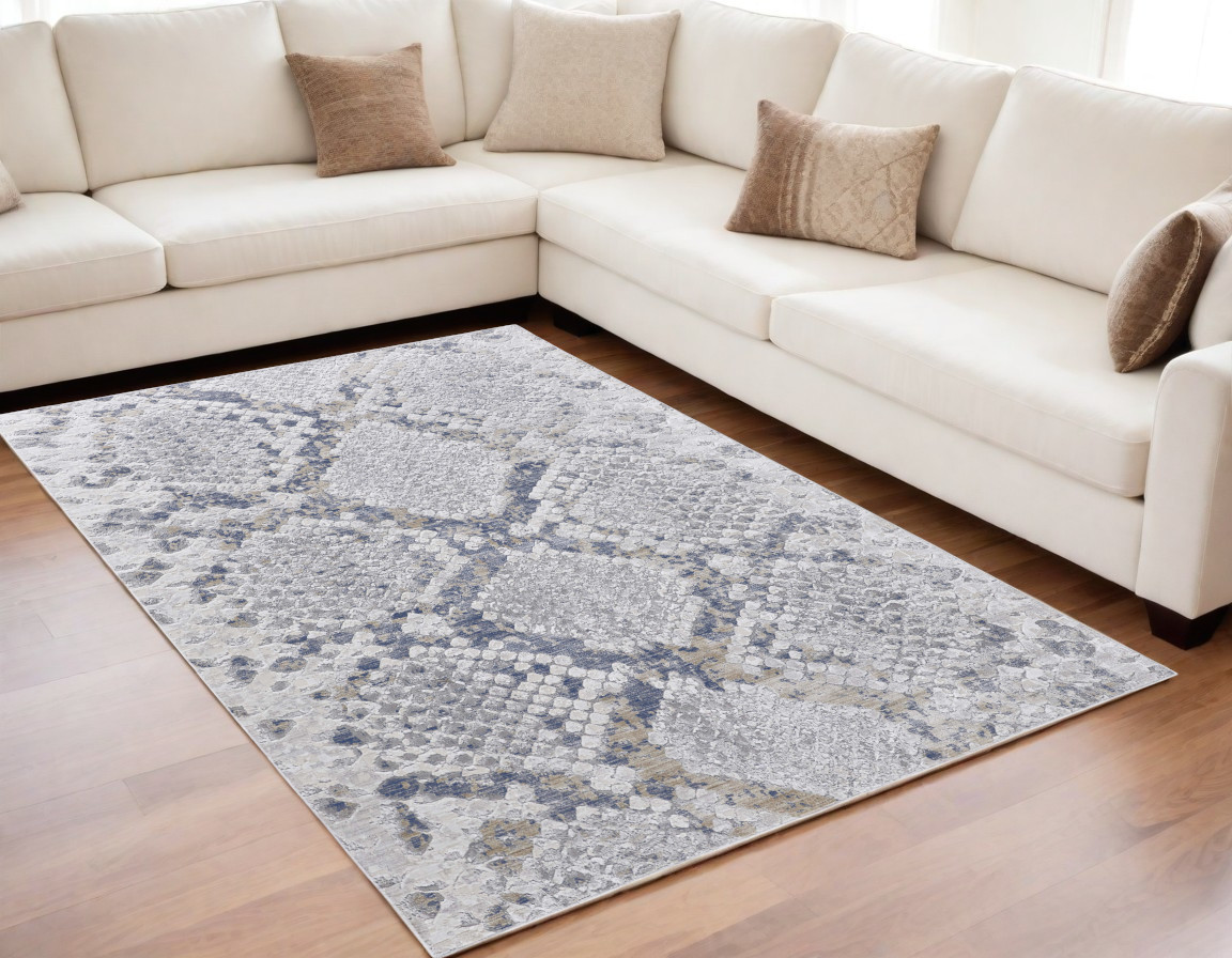 5" X 8" Gray Silver and Blue Floral Power Loom Area Rug