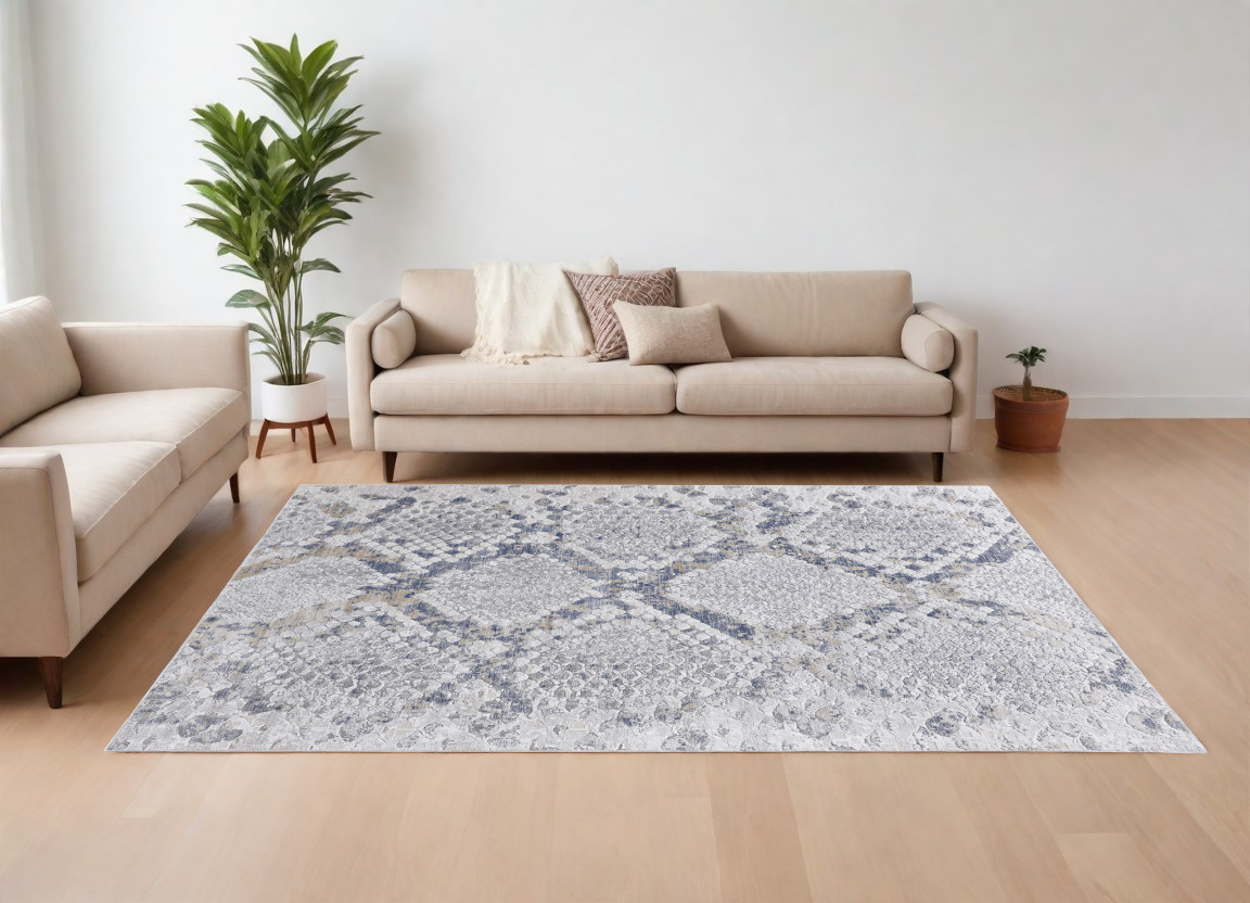10" X 13" Gray Silver and Blue Floral Power Loom Area Rug