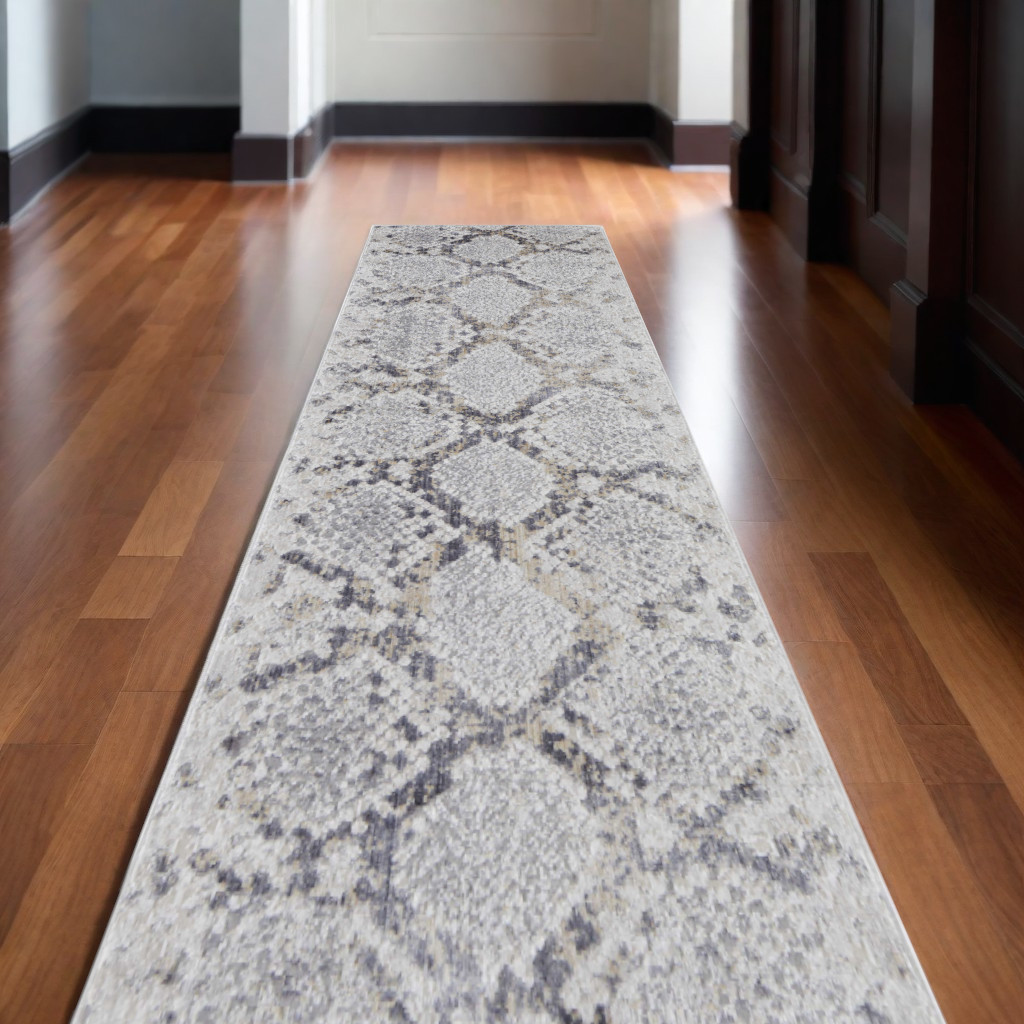12" Gray and Silver Floral Power Loom Runner Rug