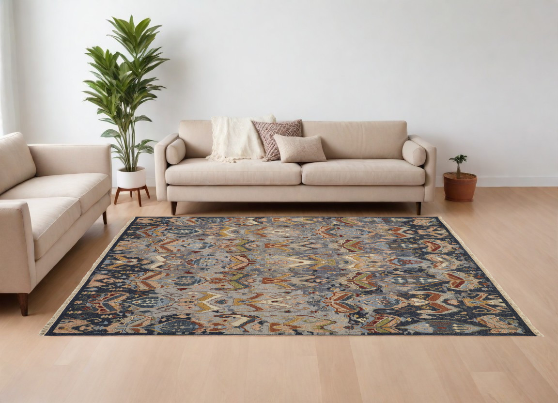 9' X 13' Blue Gray and Brown Wool Ikat Hand Knotted Area Rug With Fringe-567339-1