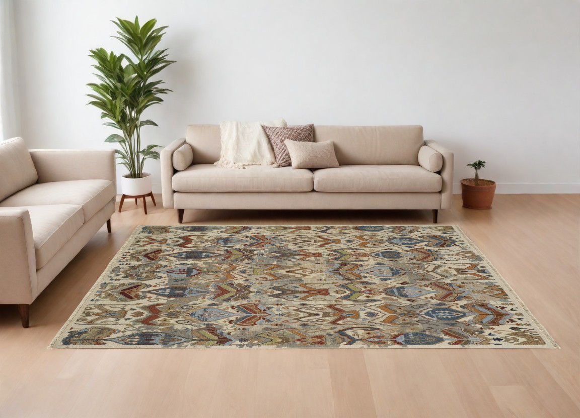 8' X 12' Ivory Blue and Brown Wool Ikat Hand Knotted Area Rug With Fringe-567350-1