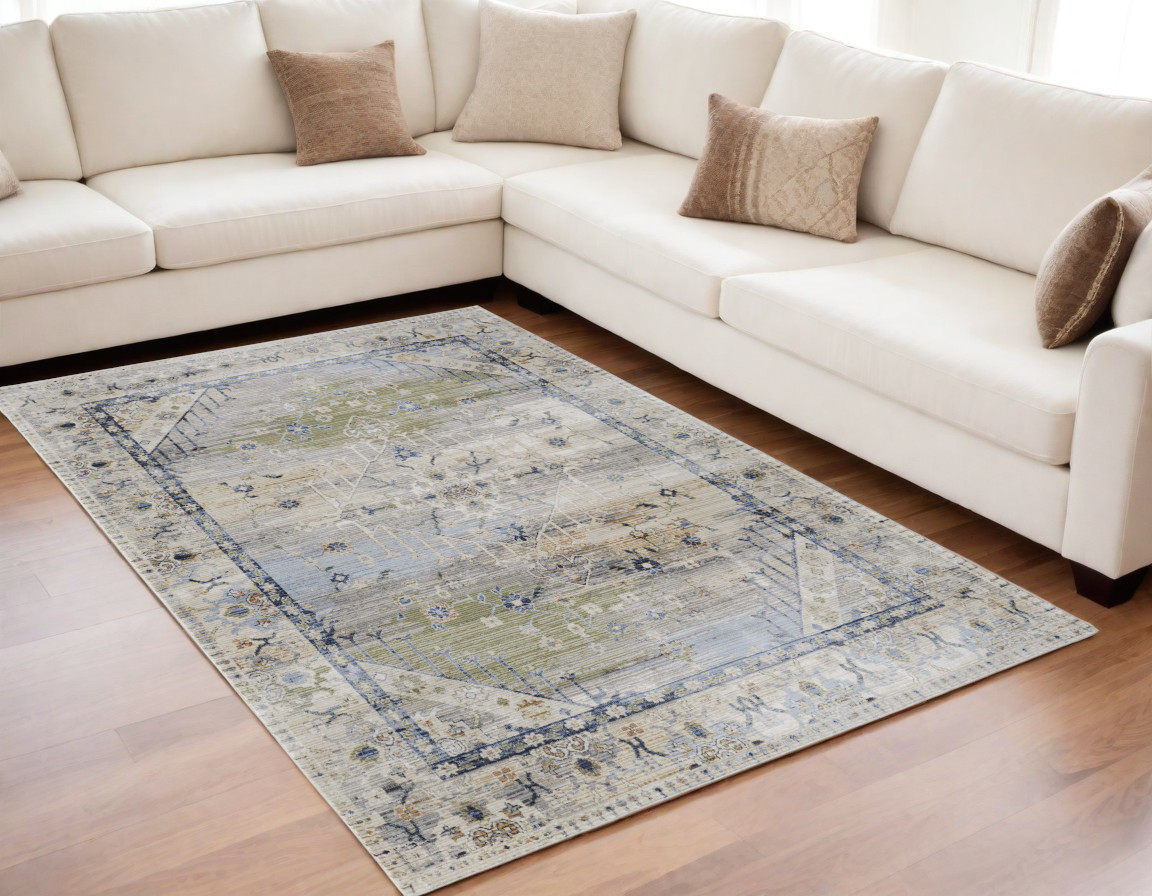 5" X 8" Ivory Green and Blue Abstract Power Loom Worn Faded Area Rug