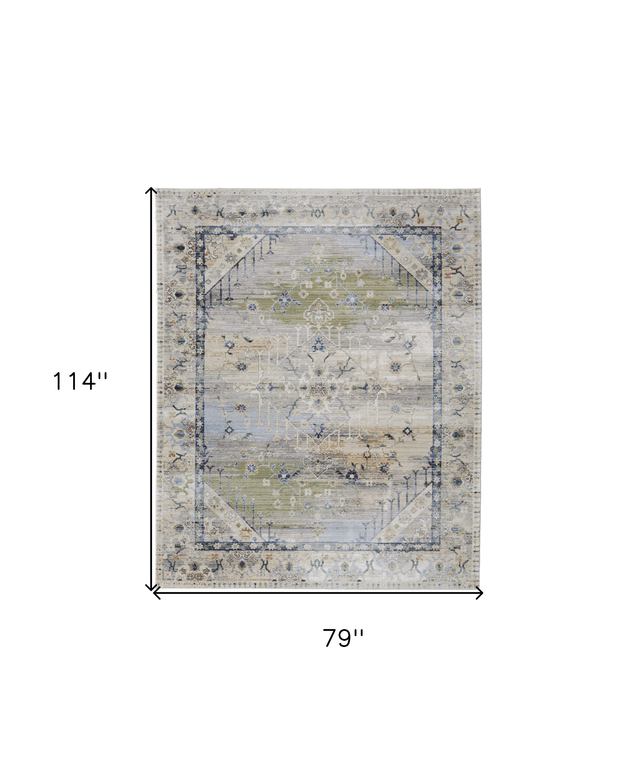 7" X 10" Ivory Green and Blue Abstract Power Loom Worn Faded Area Rug