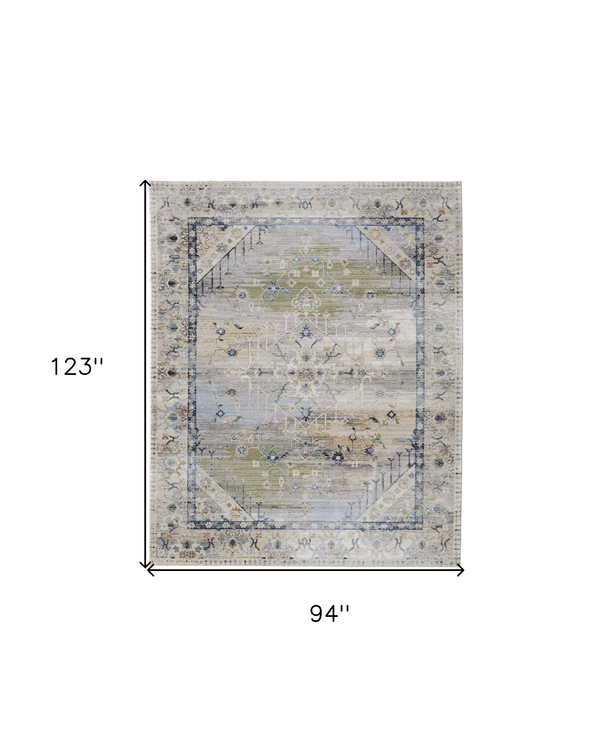 8" X 10" Ivory Green and Blue Abstract Power Loom Worn Faded Area Rug