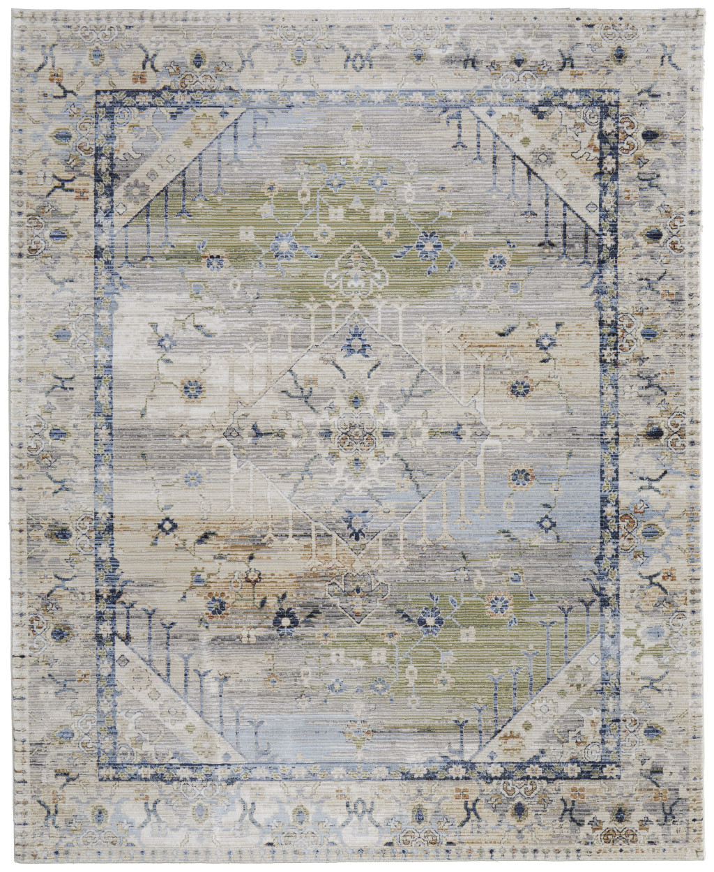 9" X 13" Ivory Green and Blue Abstract Power Loom Worn Faded Area Rug