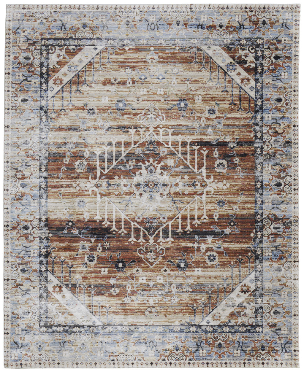 9" X 13" Ivory Green and Blue Abstract Power Loom Worn Faded Area Rug