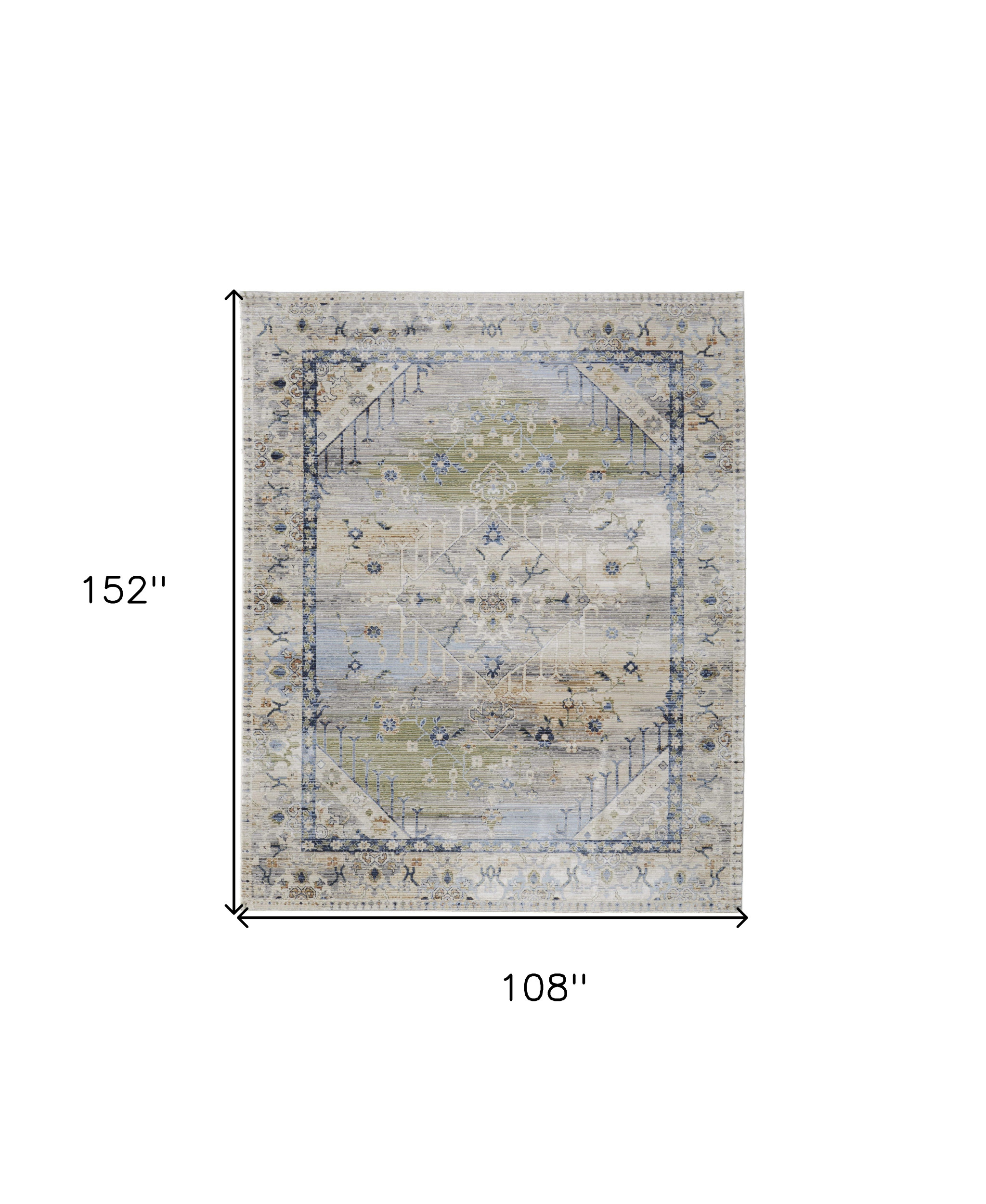 9" X 13" Ivory Green and Blue Abstract Power Loom Worn Faded Area Rug
