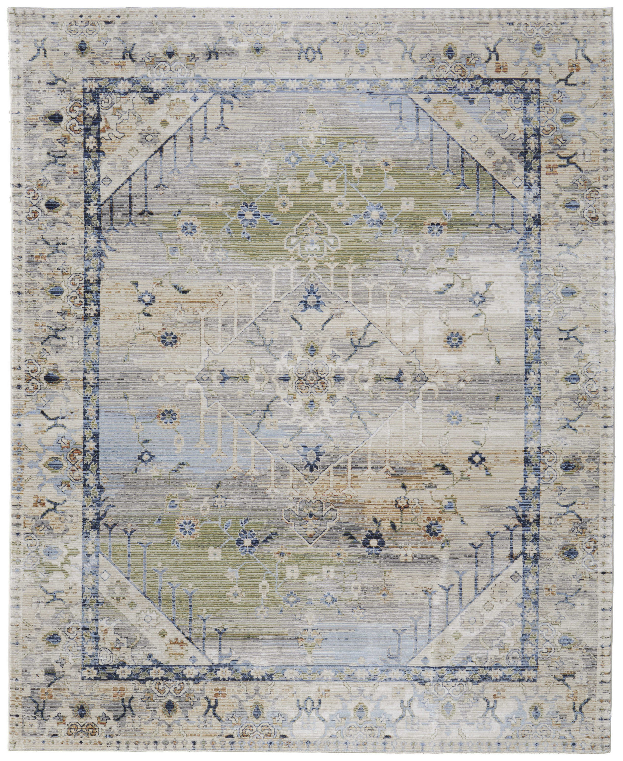 9" X 13" Ivory Green and Blue Abstract Power Loom Worn Faded Area Rug