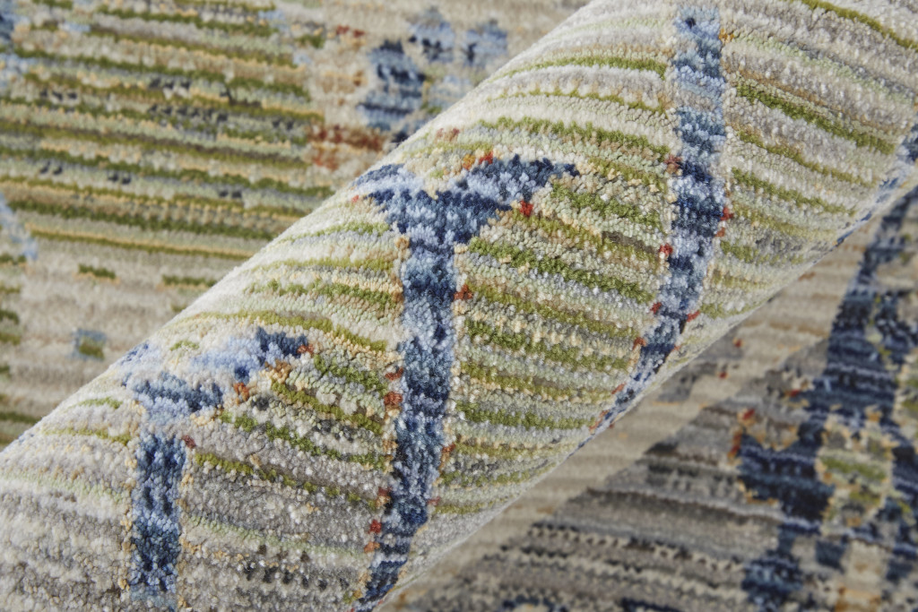 2" X 3" Ivory Green and Blue Abstract Power Loom Worn Faded Area Rug