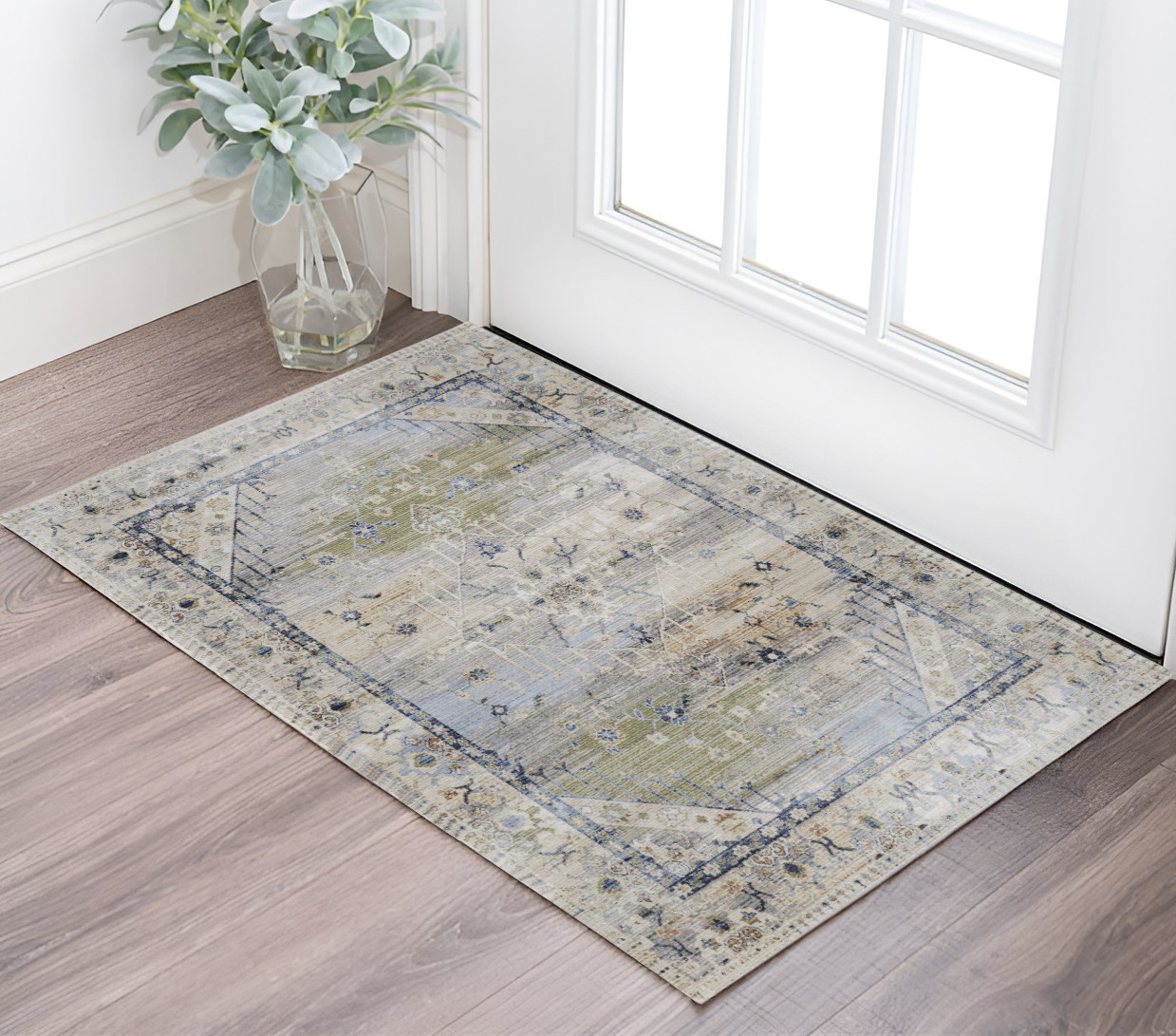 2" X 3" Ivory Green and Blue Abstract Power Loom Worn Faded Area Rug