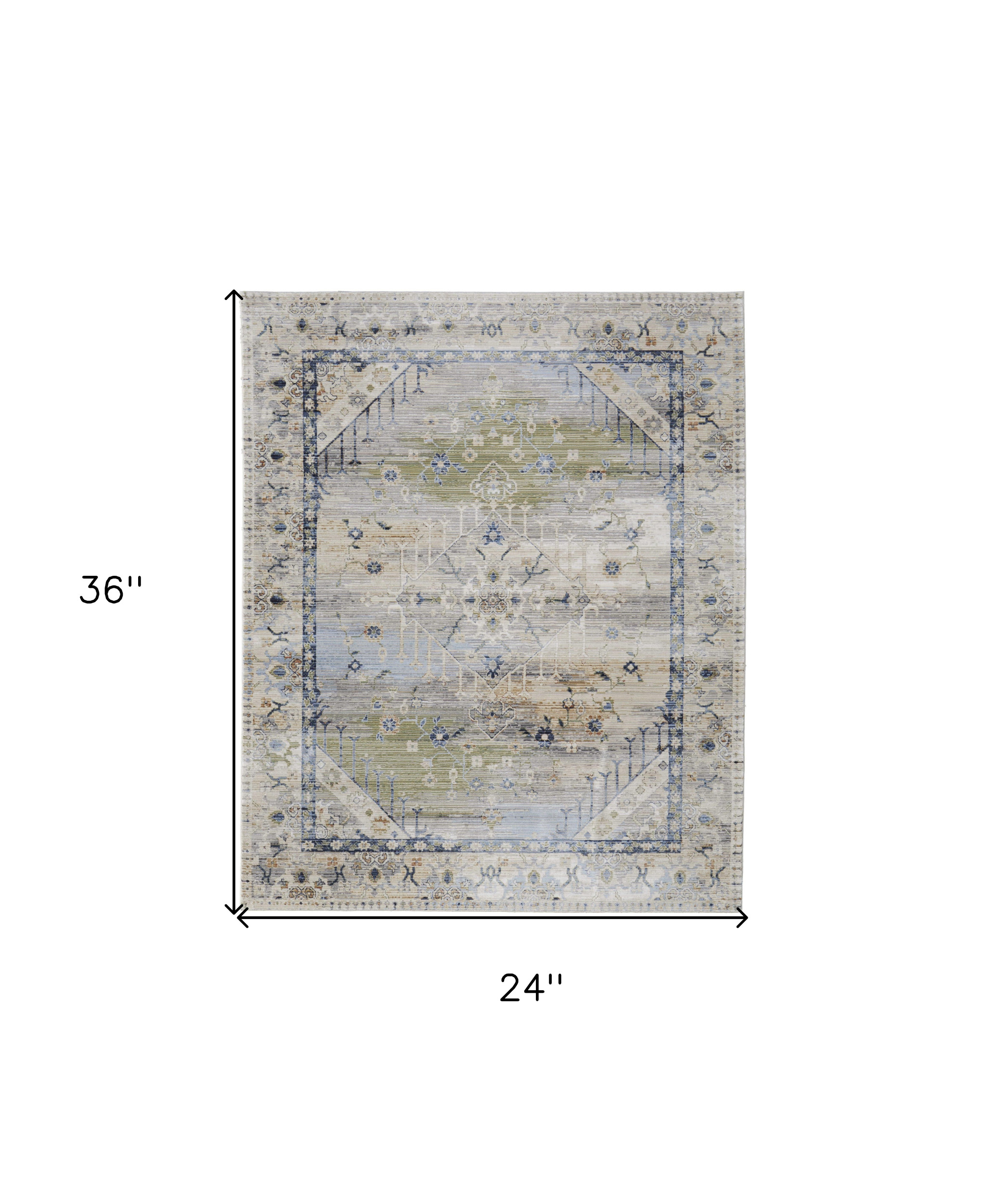 2" X 3" Ivory Green and Blue Abstract Power Loom Worn Faded Area Rug