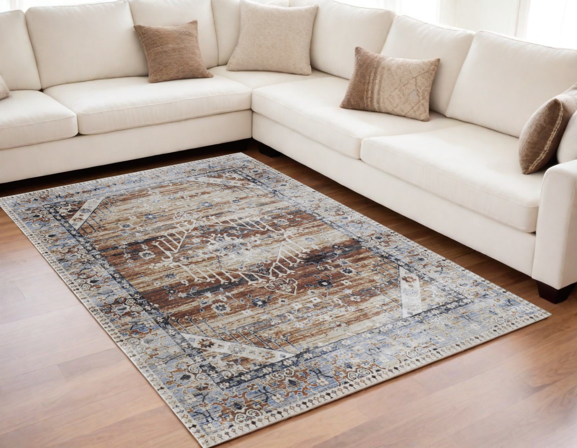 5" X 8" Ivory Red and Blue Abstract Power Loom Worn Faded Area Rug