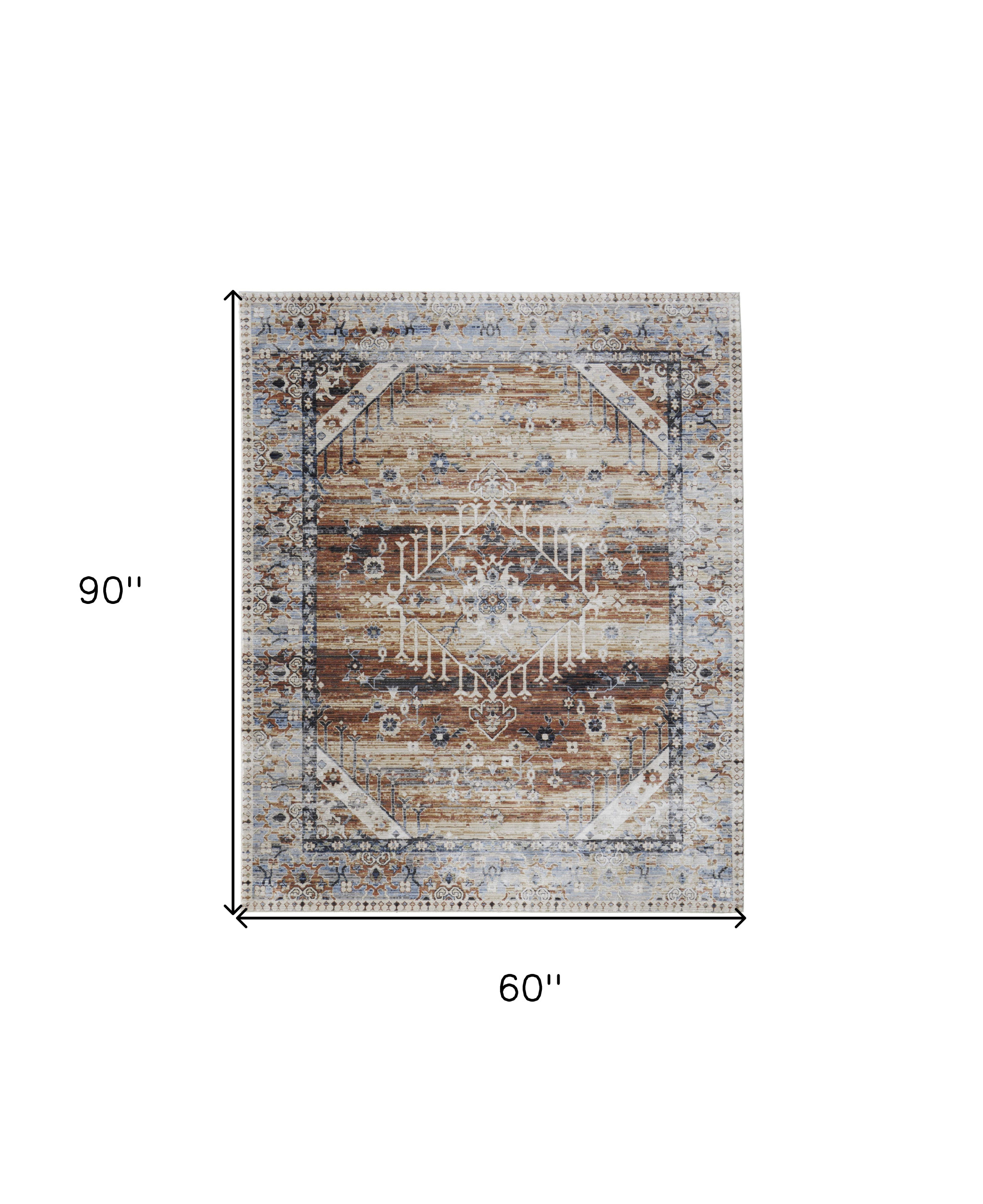 5" X 8" Ivory Red and Blue Abstract Power Loom Worn Faded Area Rug