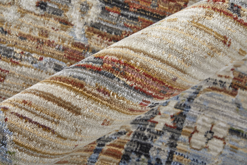 8" X 10" Ivory Red and Blue Abstract Power Loom Worn Faded Area Rug