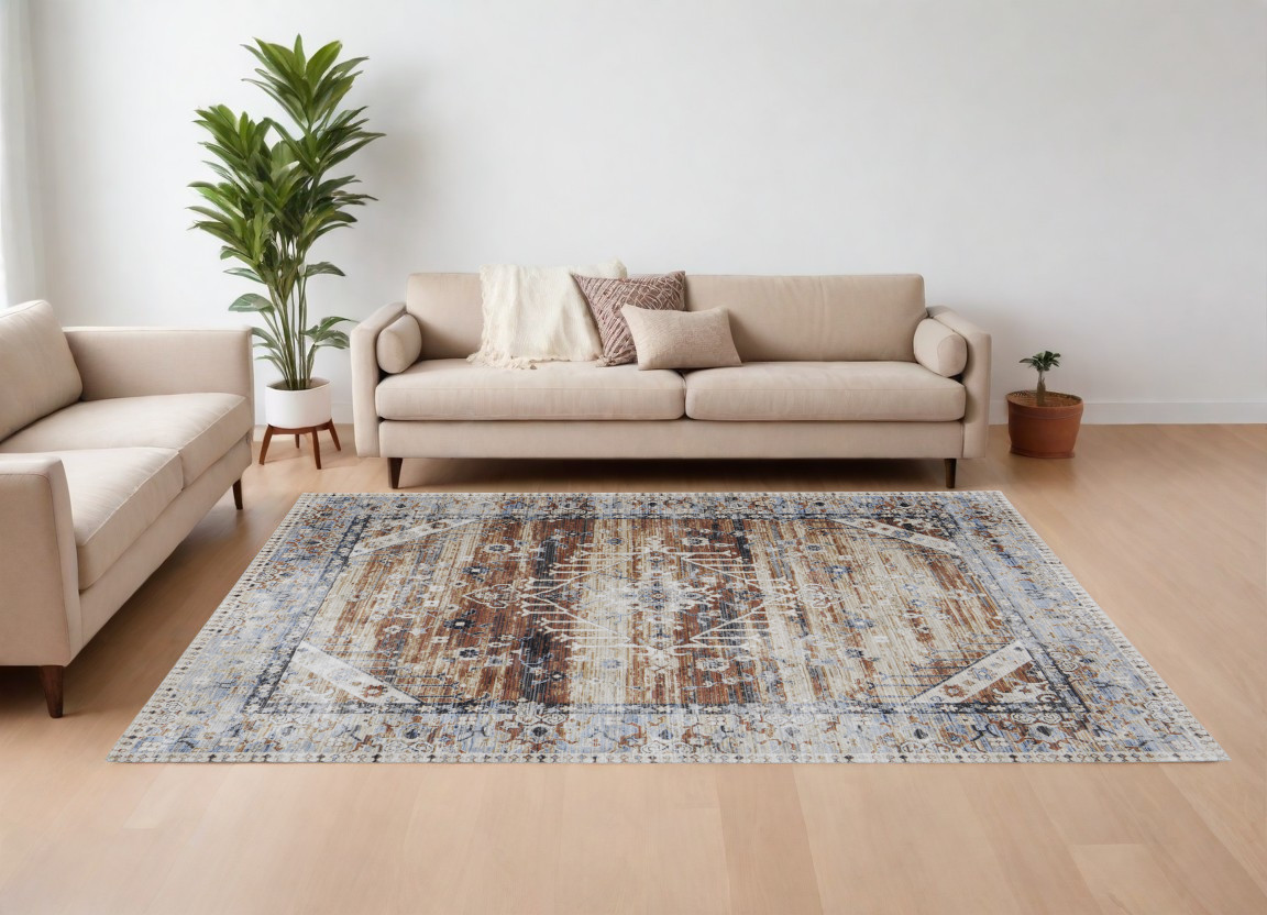 8" X 10" Ivory Red and Blue Abstract Power Loom Worn Faded Area Rug
