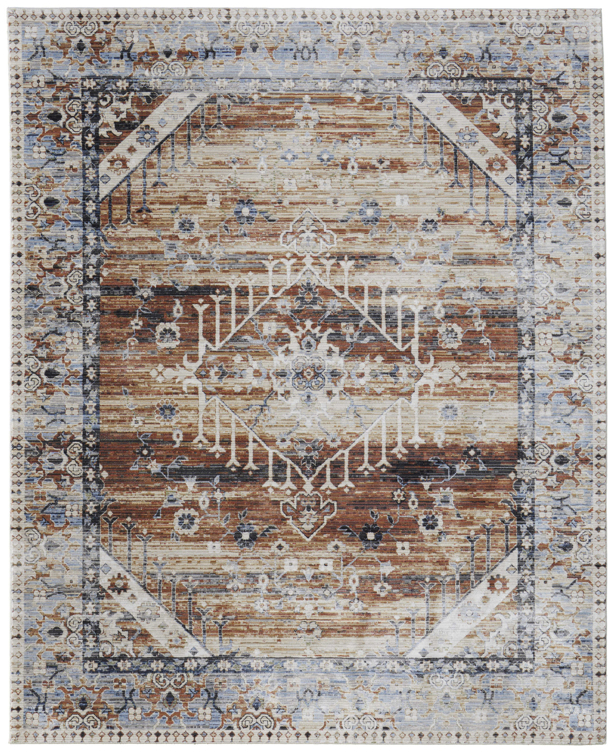 8" X 10" Ivory Red and Blue Abstract Power Loom Worn Faded Area Rug