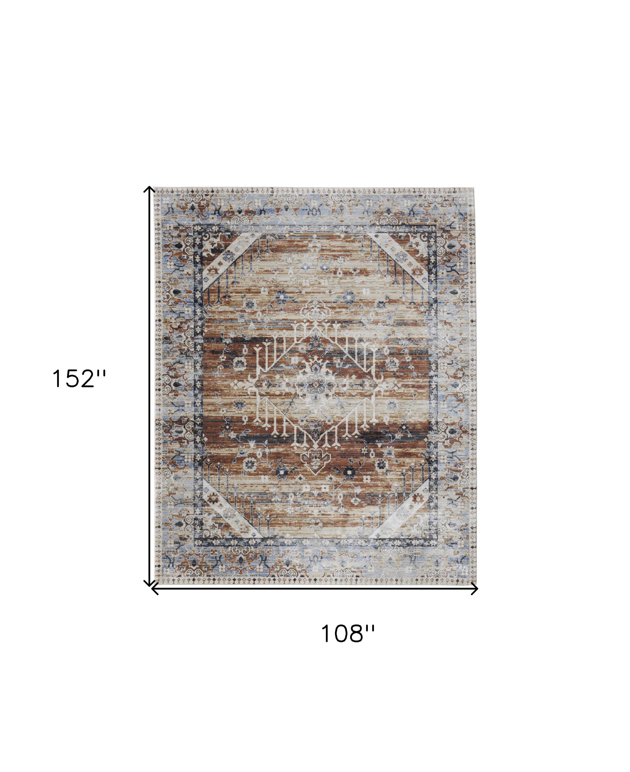 9" X 13" Ivory Red and Blue Abstract Power Loom Worn Faded Area Rug