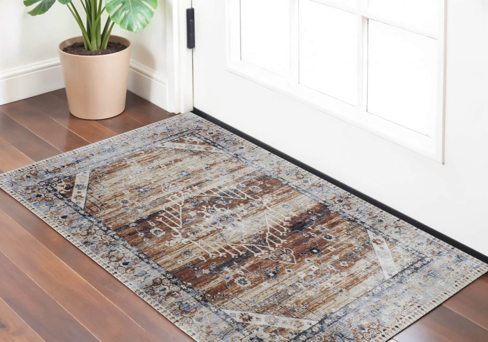 2" X 3" Ivory Red and Blue Abstract Power Loom Worn Faded Area Rug