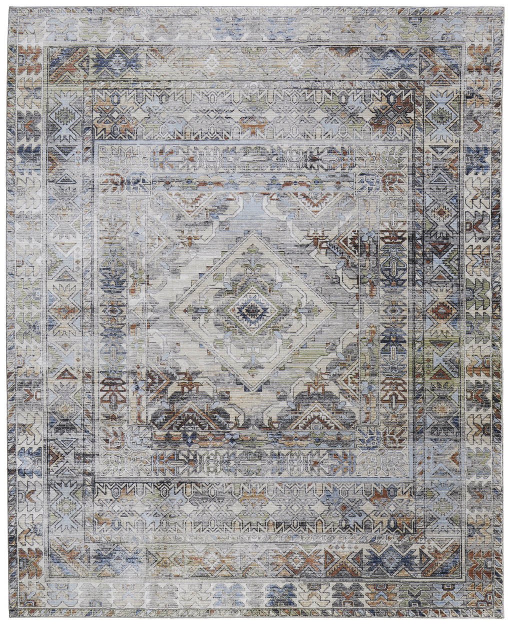 5" X 8" Gray Blue and Red Abstract Power Loom Worn Faded Area Rug