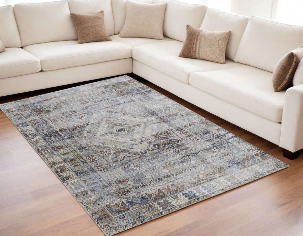 5" X 8" Gray Blue and Red Abstract Power Loom Worn Faded Area Rug