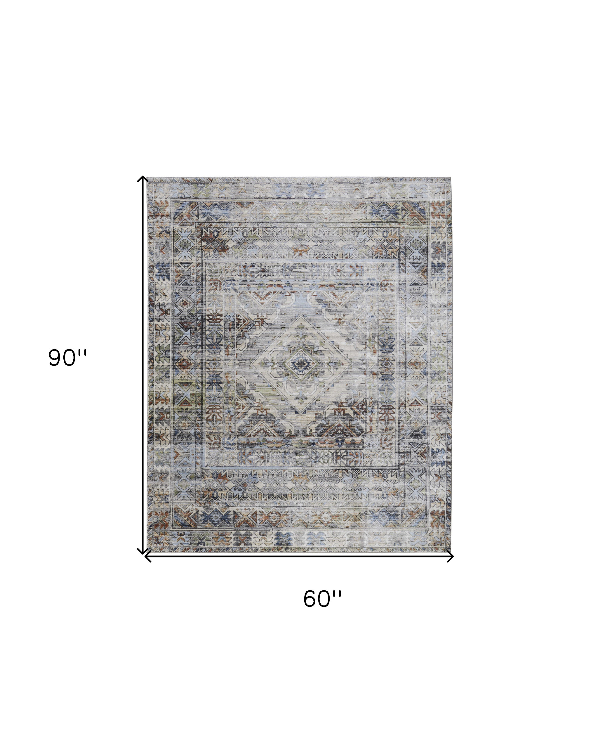 5" X 8" Gray Blue and Red Abstract Power Loom Worn Faded Area Rug
