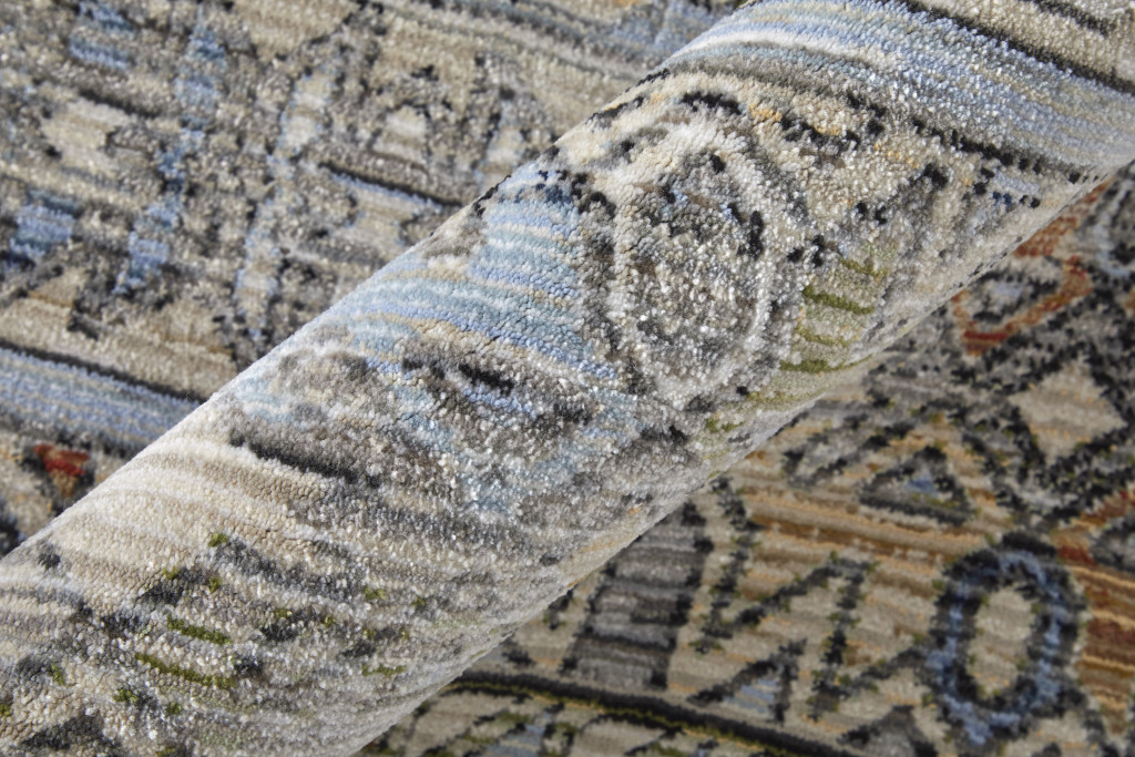8" X 10" Gray Blue and Red Abstract Power Loom Worn Faded Area Rug