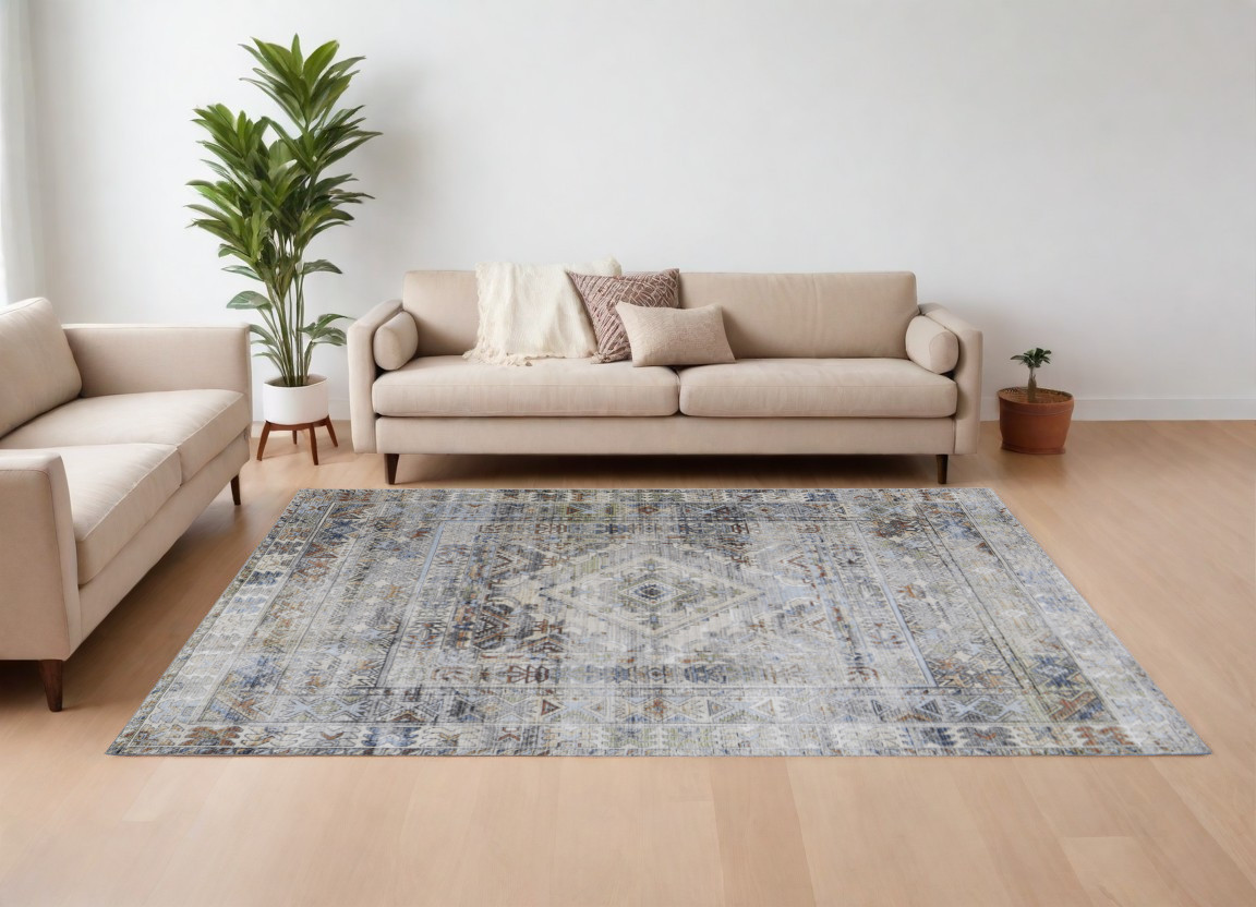 8" X 10" Gray Blue and Red Abstract Power Loom Worn Faded Area Rug