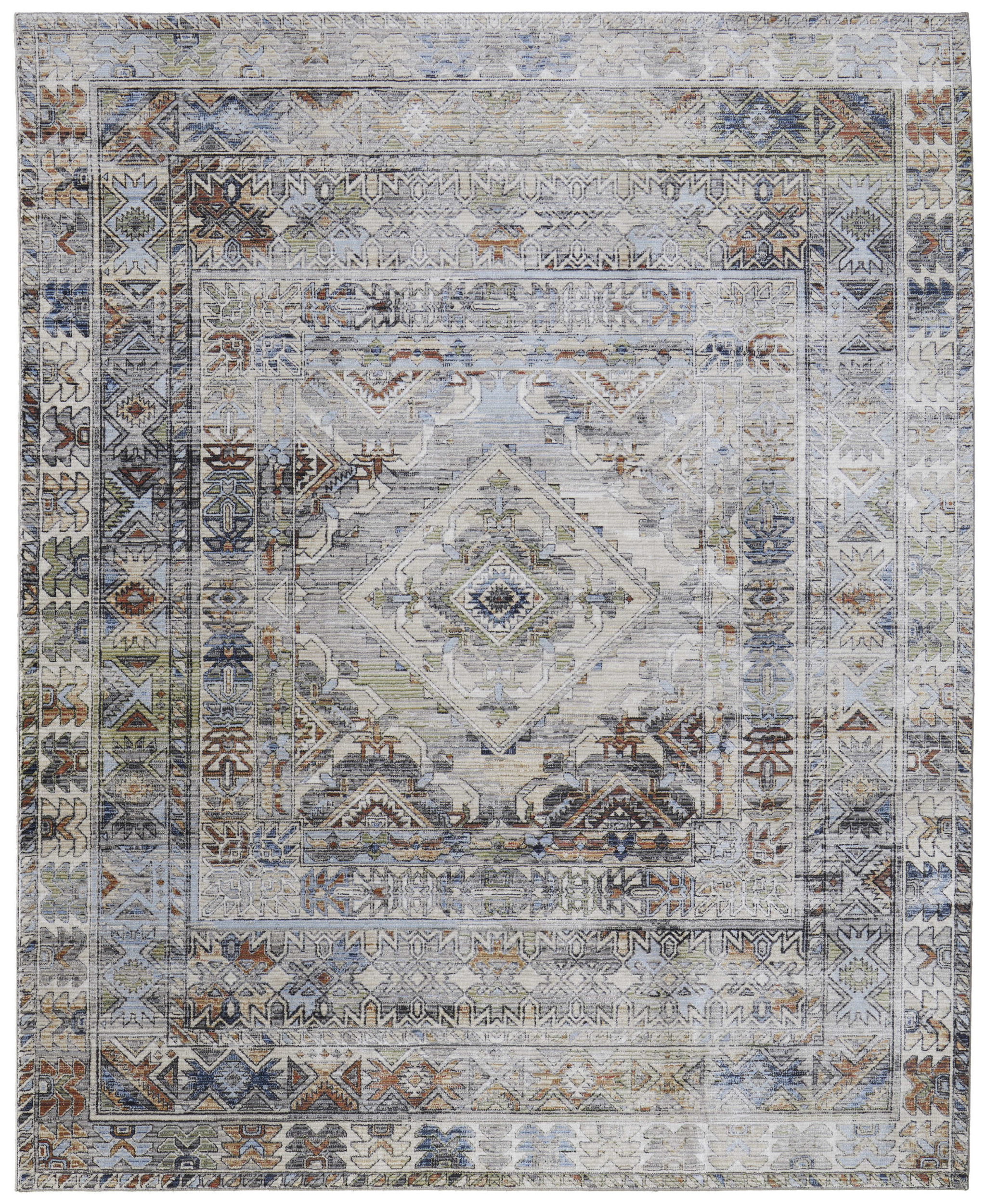 8" X 10" Gray Blue and Red Abstract Power Loom Worn Faded Area Rug