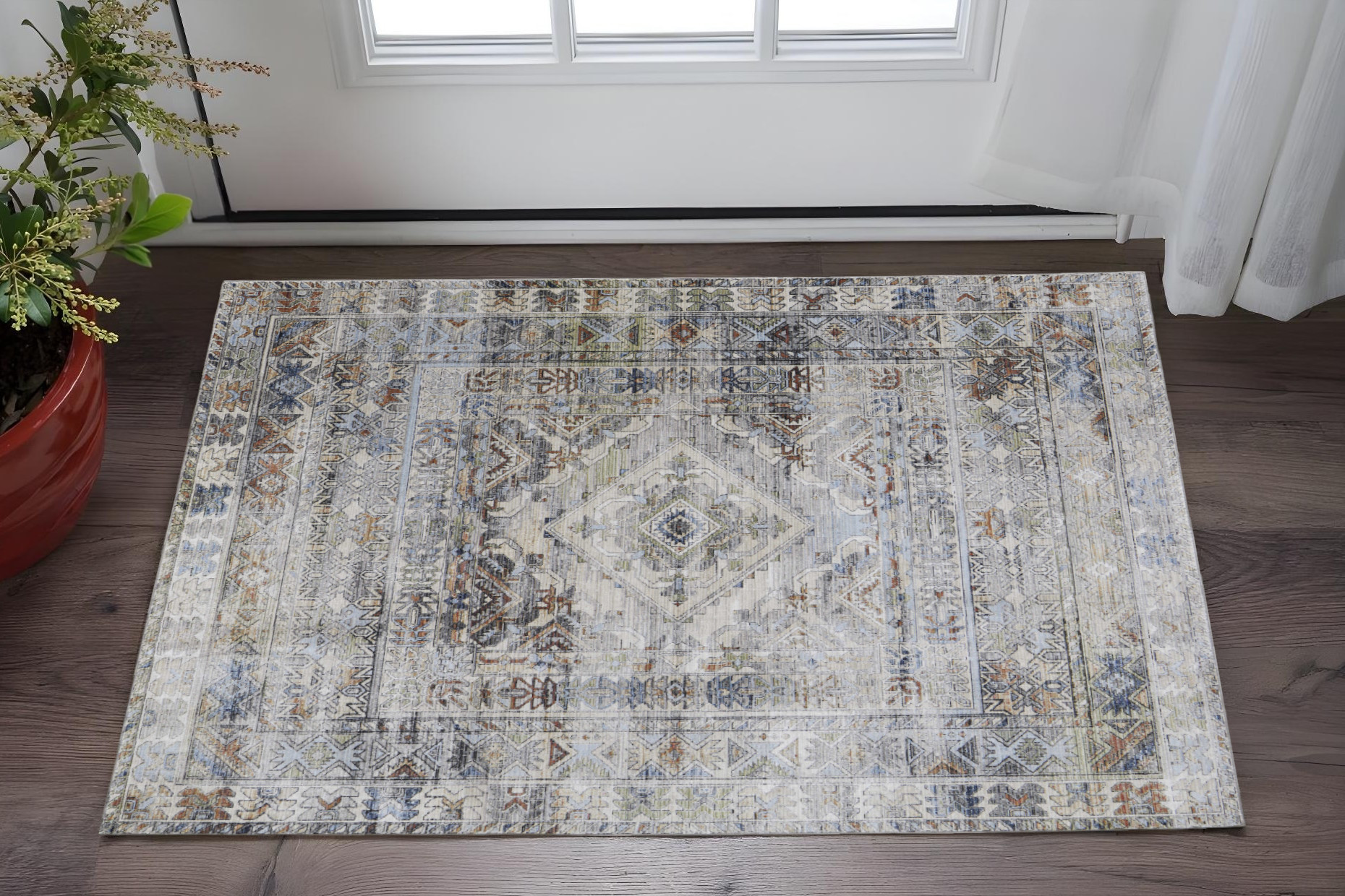 2" X 3" Gray Blue and Red Abstract Power Loom Worn Faded Area Rug